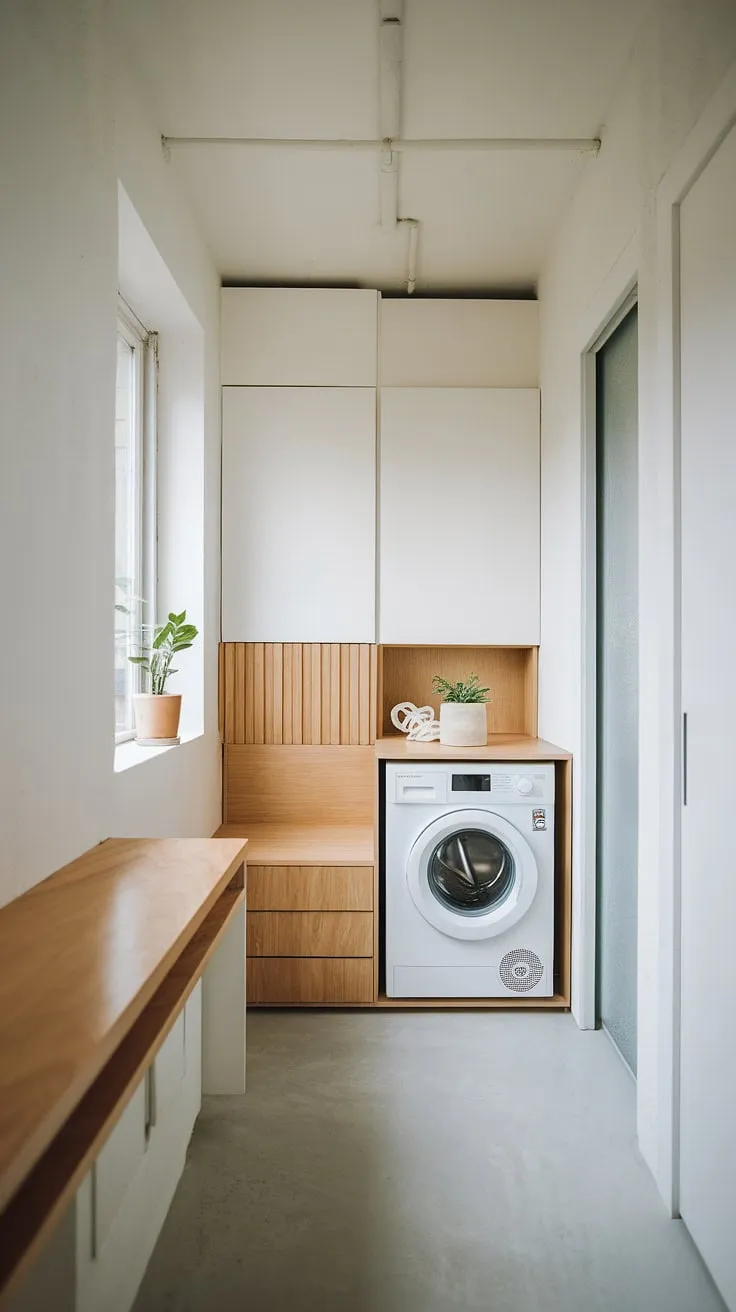 Small space, big impact. This minimalist laundry room proves that even the smallest area can be stylish and functional, thanks to clever design and a touch of nature. A well-placed plant adds a calming element, while the clean lines and white walls create a sense of spaciousness. A perfect example of how efficient design can maximize even the tiniest of spaces.