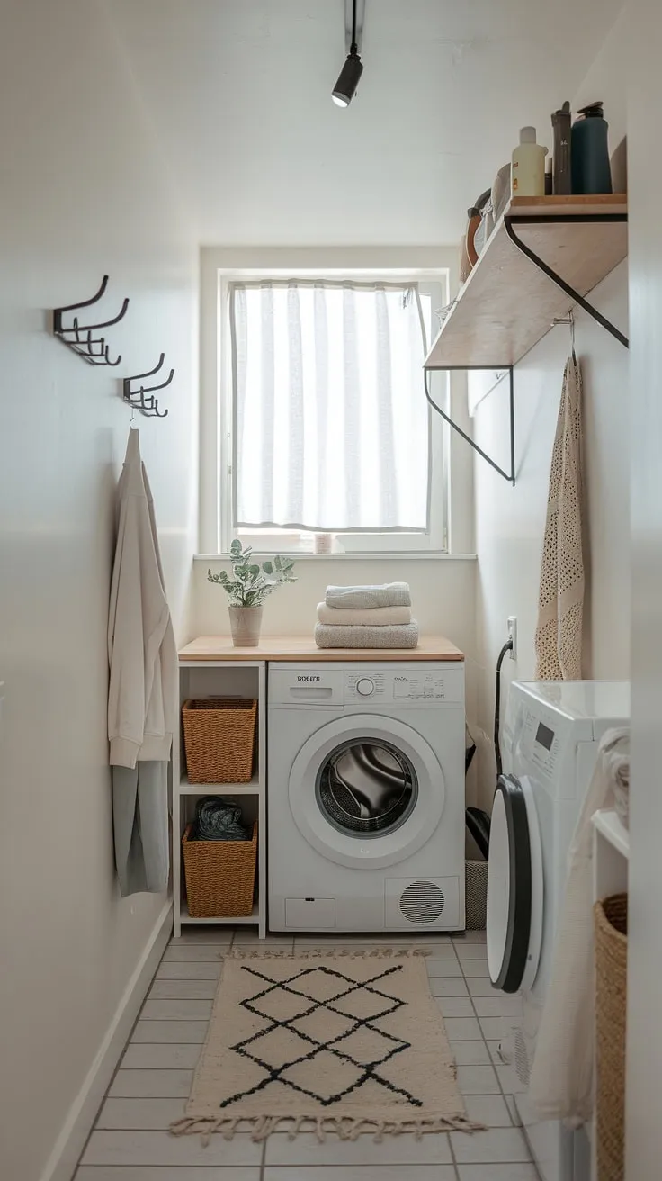 This compact laundry room proves that even small spaces can be stylish and functional. A carefully curated selection of storage solutions, including a wooden shelf for detergents and wall hooks for clothes, maximizes space and minimizes clutter. The soft rug adds a touch of warmth, while the natural light creates a bright and airy atmosphere.