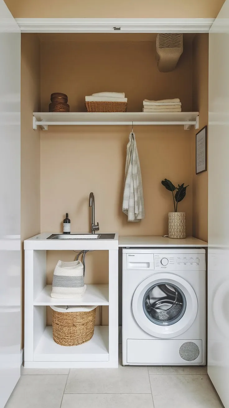 Small space, big impact. This minimalist laundry room proves that even the smallest area can be functional and stylish with a little thoughtful design. A clean aesthetic, a well-placed shelf, and efficient appliances make laundry day a breeze.