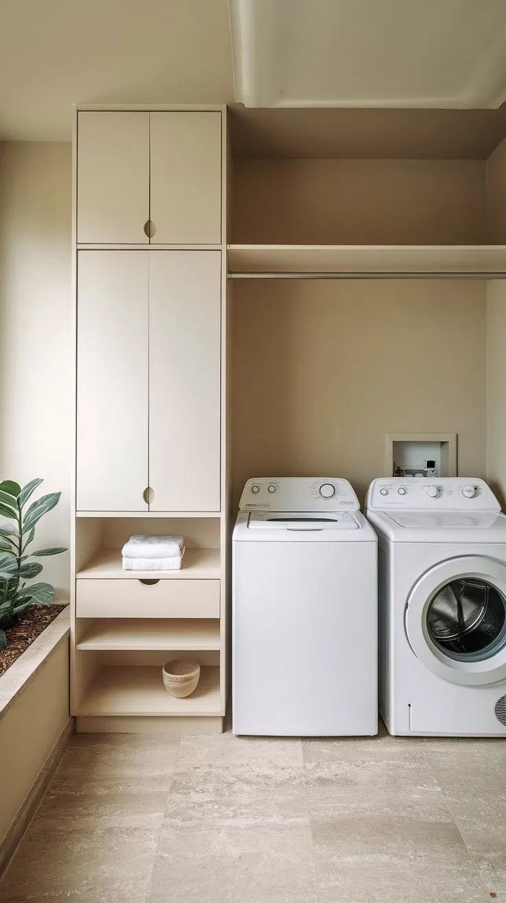 Clean lines and calming neutrals create a laundry room that's as functional as it is aesthetically pleasing. The simple white cabinetry, paired with the quiet hum of the washer and dryer, makes even chores feel serene. A small touch of greenery adds a refreshing element to this minimalist haven.