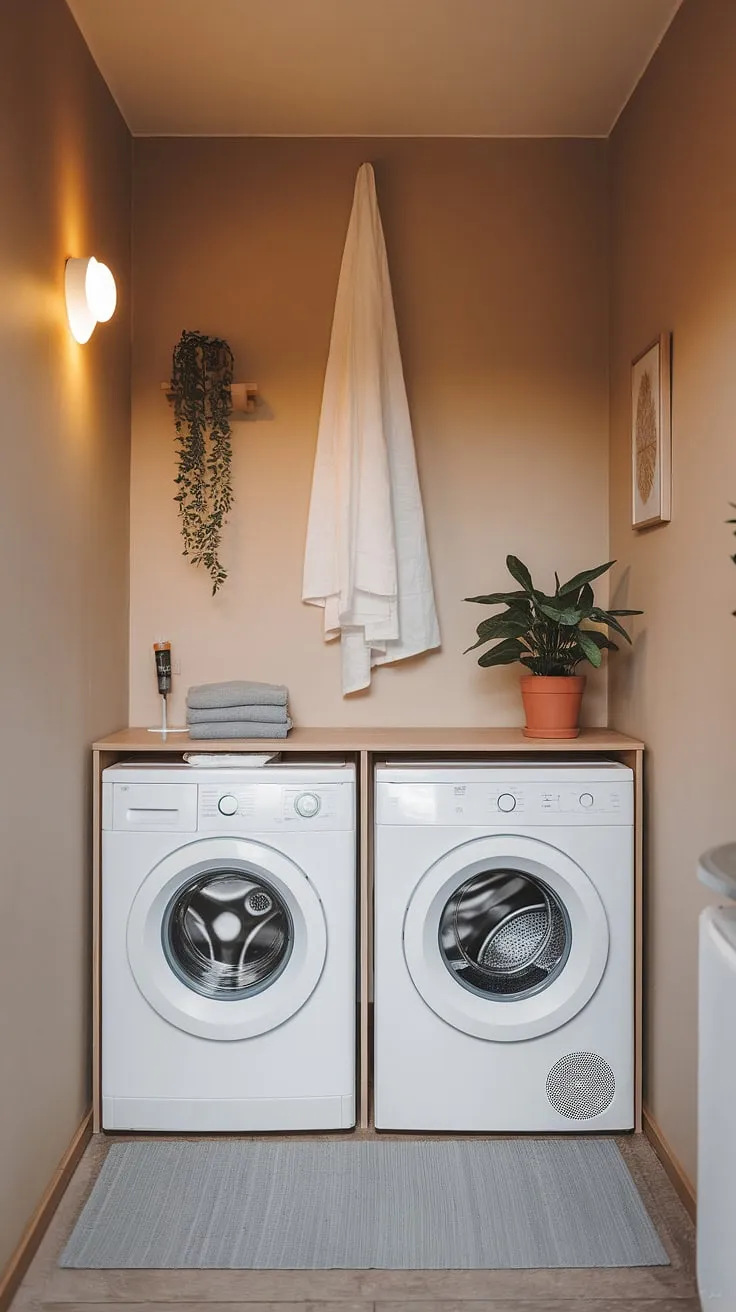 Even the smallest spaces can be stylish and functional. A simple curtain, a potted plant, and a soft rug add personality to this efficient laundry area. A testament to the power of thoughtful design in tight quarters.