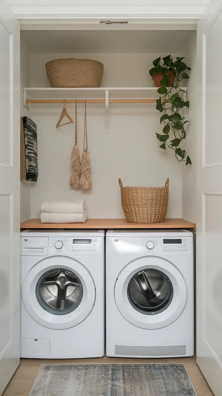 A tiny laundry room with a big impact. This minimalist haven proves that even a small area can be transformed into a stylish and functional space. A perfect example of how careful planning and clever design can maximize even the most limited area.