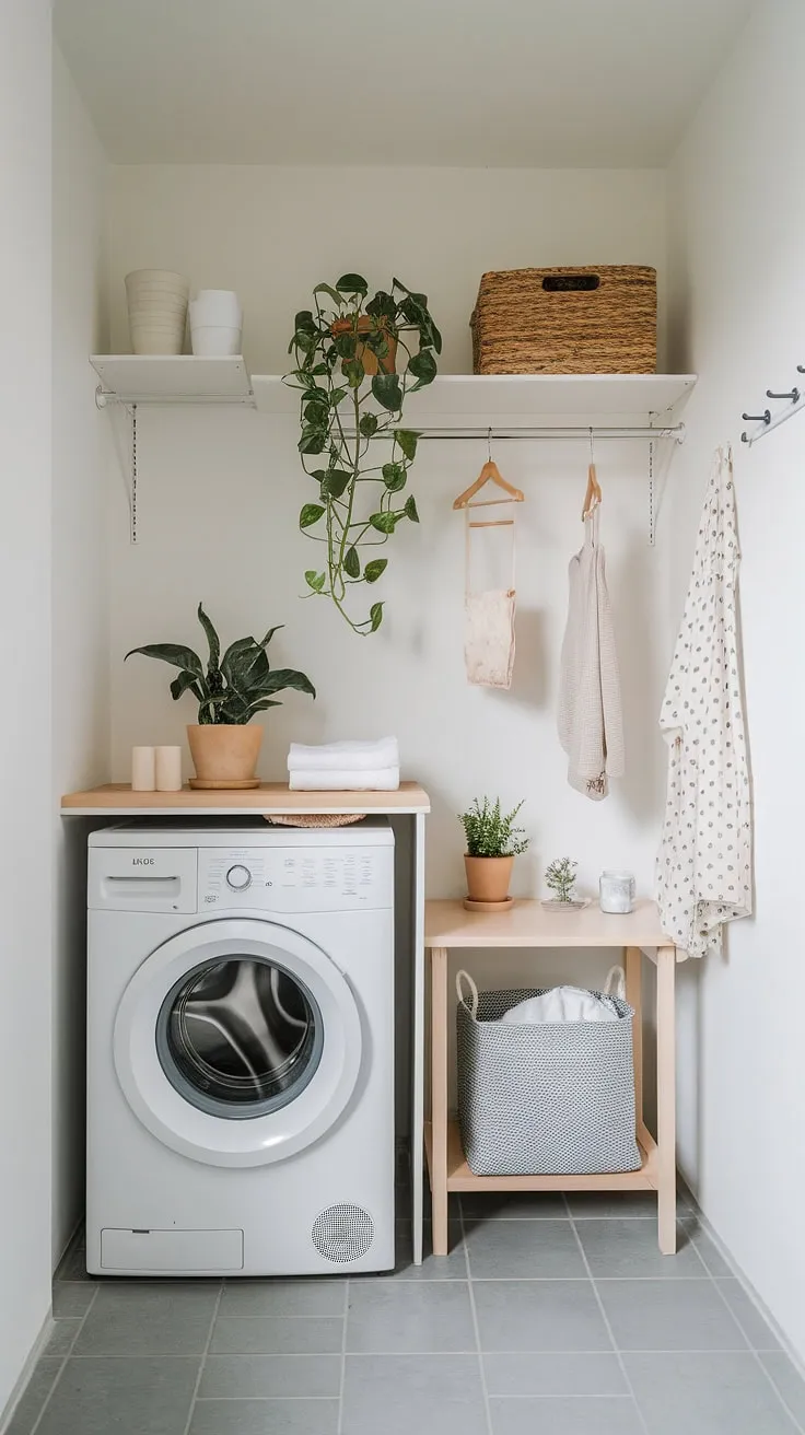 Even the smallest spaces can be functional and stylish. This minimalist laundry room proves that efficient design and a touch of greenery-like that charming little plant-can transform a tight squeeze into a peaceful haven. A well-organized space, a calming atmosphere, and a touch of nature make laundry day a little less daunting.