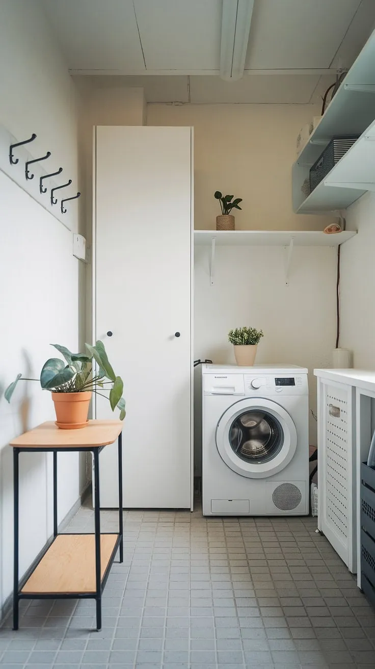 Small space, big impact. This minimalist laundry room proves that even a compact area can be functional and stylish, showcasing efficient design and a touch of nature with the potted plant. A calming oasis amidst the daily chores.
