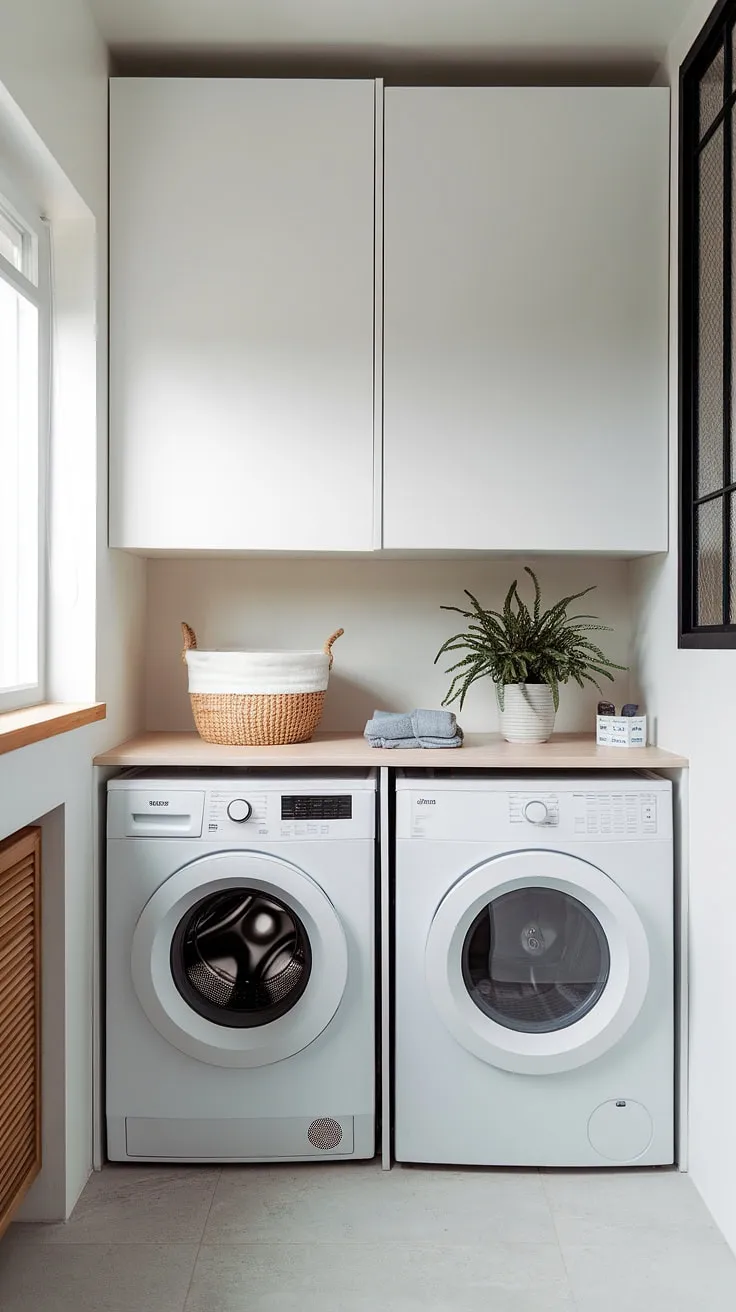Laundry day just got a whole lot prettier. This minimalist haven proves that even the smallest spaces can be stylish and functional, showcasing a perfect blend of form and function with its sleek white appliances, ample storage, and a touch of greenery. A calming retreat, a space-saving marvel, and a testament to efficient design-all in one.