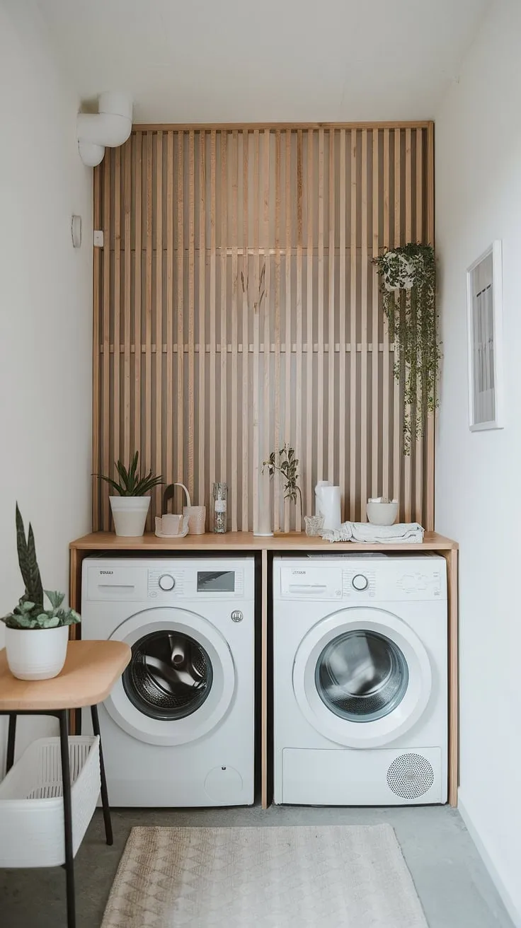 Efficiency meets elegance in this tiny but perfectly formed laundry room. A calming white palette is punctuated by the natural wood of the privacy screen and the vibrant green of the potted plant. The result? A surprisingly spacious and stylish space that's a joy to use.