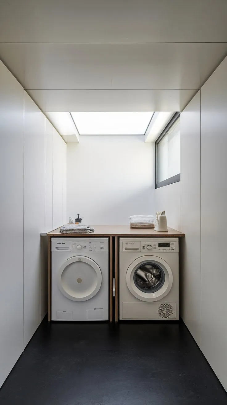 Clean lines, functional design, and a touch of natural light make this minimalist laundry room a haven of efficiency. The sleek appliances and simple white cabinetry create a space that's both stylish and practical, a perfect example of form meeting function.