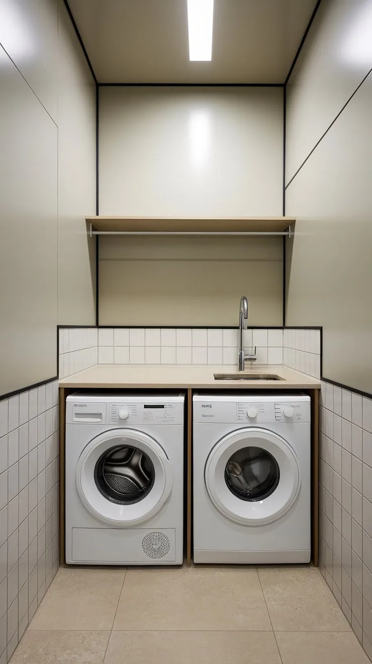 Efficiency redefined: This minimalist laundry room proves that even the smallest space can be stylish and functional. A compact haven of clean lines and clever design.