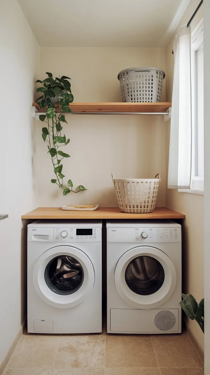 This compact laundry room proves that less is more. A white washer and dryer, a neatly organized shelf with a potted plant, and a soft, natural light create a serene atmosphere. A testament to efficient and stylish design.