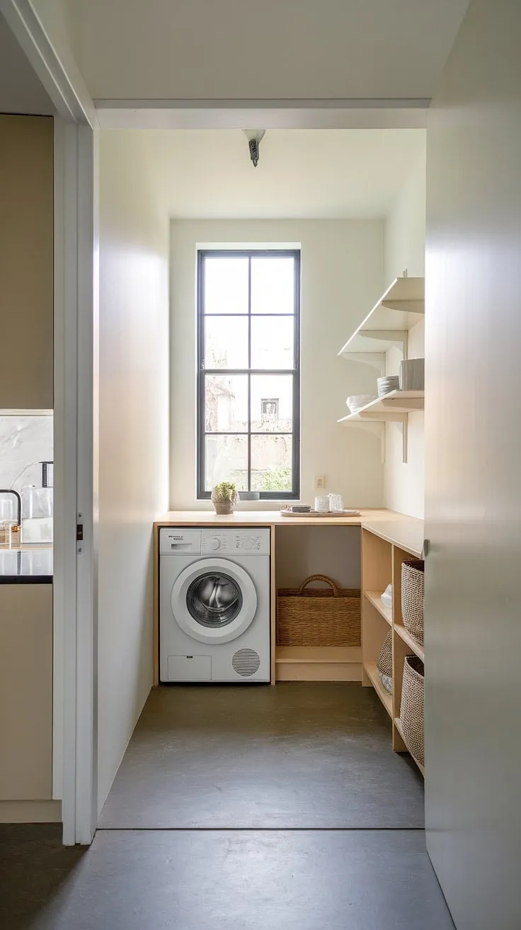 A minimalist's dream: this petite laundry room boasts ample natural light from a high window, proving that functionality and style can coexist even in the smallest of spaces. A well-planned layout and thoughtful storage make laundry day a breeze.