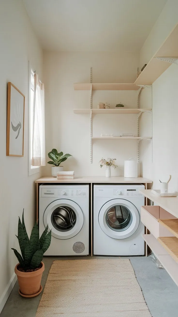 A small footprint, a big impact. This laundry room's modern design maximizes space and minimizes clutter. The simple aesthetic, accented by a small plant, showcases how A little attention to detail can transform a functional space into a stylish haven.