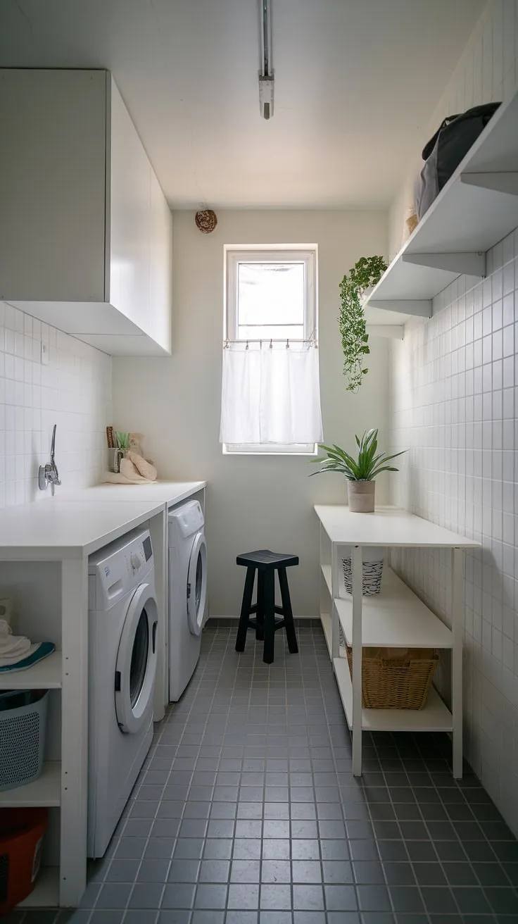 Small space, big impact. This compact laundry room showcases how smart design and a cohesive color palette can transform a utilitarian space into a chic and practical haven. The addition of a plant and personal touches adds warmth and personality, proving that even a tiny laundry room can feel like home.