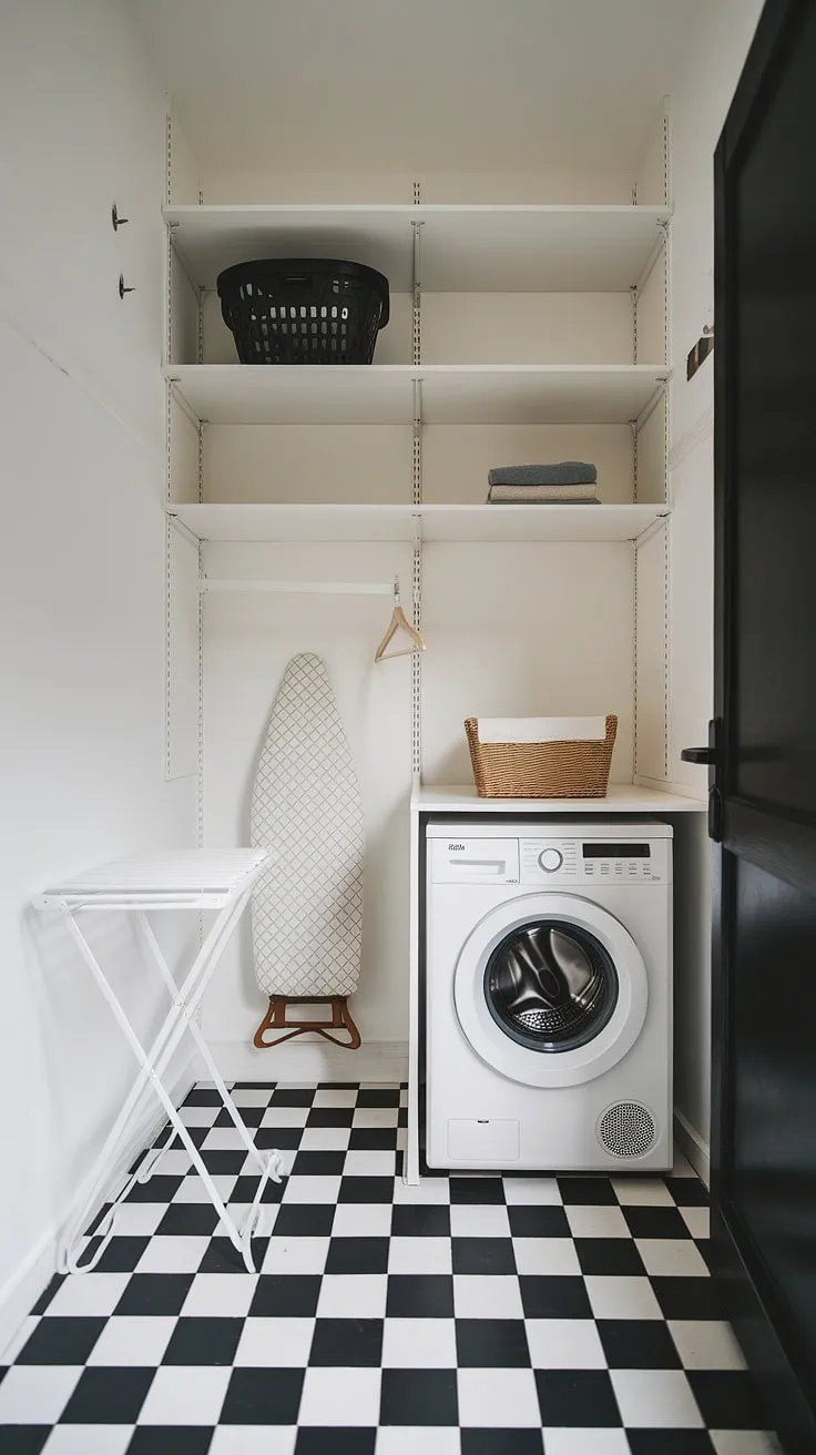 Efficiency meets elegance in this compact laundry haven. The monochrome palette and clever use of shelving create a surprisingly spacious feel. Every item has its place, showcasing how thoughtful design can transform even the smallest a into a functional and stylish sanctuary.