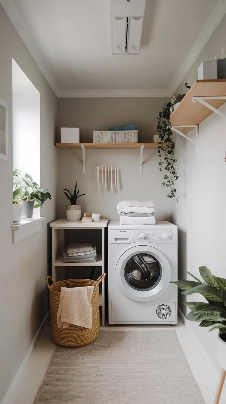 Efficiency meets serenity in this compact laundry haven. A thoughtfully designed space, this tiny room showcases how clever storage and a calming color palette can transform a functional area into a peaceful retreat. The natural light streaming in through the window adds to the overall sense of calm.