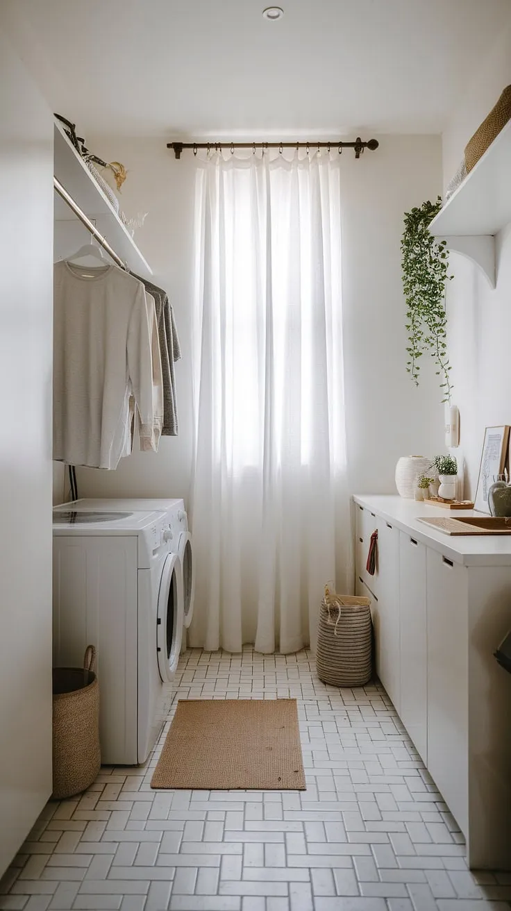 This modern laundry room is a testament to the power of simple design. The white walls and sleek appliances create a bright and airy atmosphere, while the carefully chosen accents add a touch of personality without overwhelming the space. A truly inspiring example of how to maximize both style and efficiency.