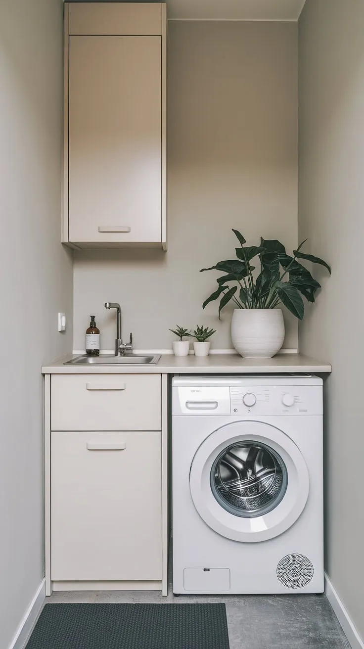 A perfectly appointed laundry room, proving that even a small space can be both stylish and functional. A simple design, a pop of greenery, and a calming color palette create a space that's as pleasant as it is practical. A true testament to thoughtful design.
