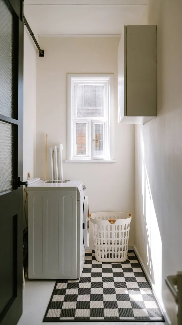 This tiny laundry room is the epitome of efficient design. The white-on-white aesthetic is brightened by a small window and cleverly complemented by a black door and checkered floor mat. Everything is perfectly placed, maximizing space and minimizing clutter. A testament to the power of thoughtful design.