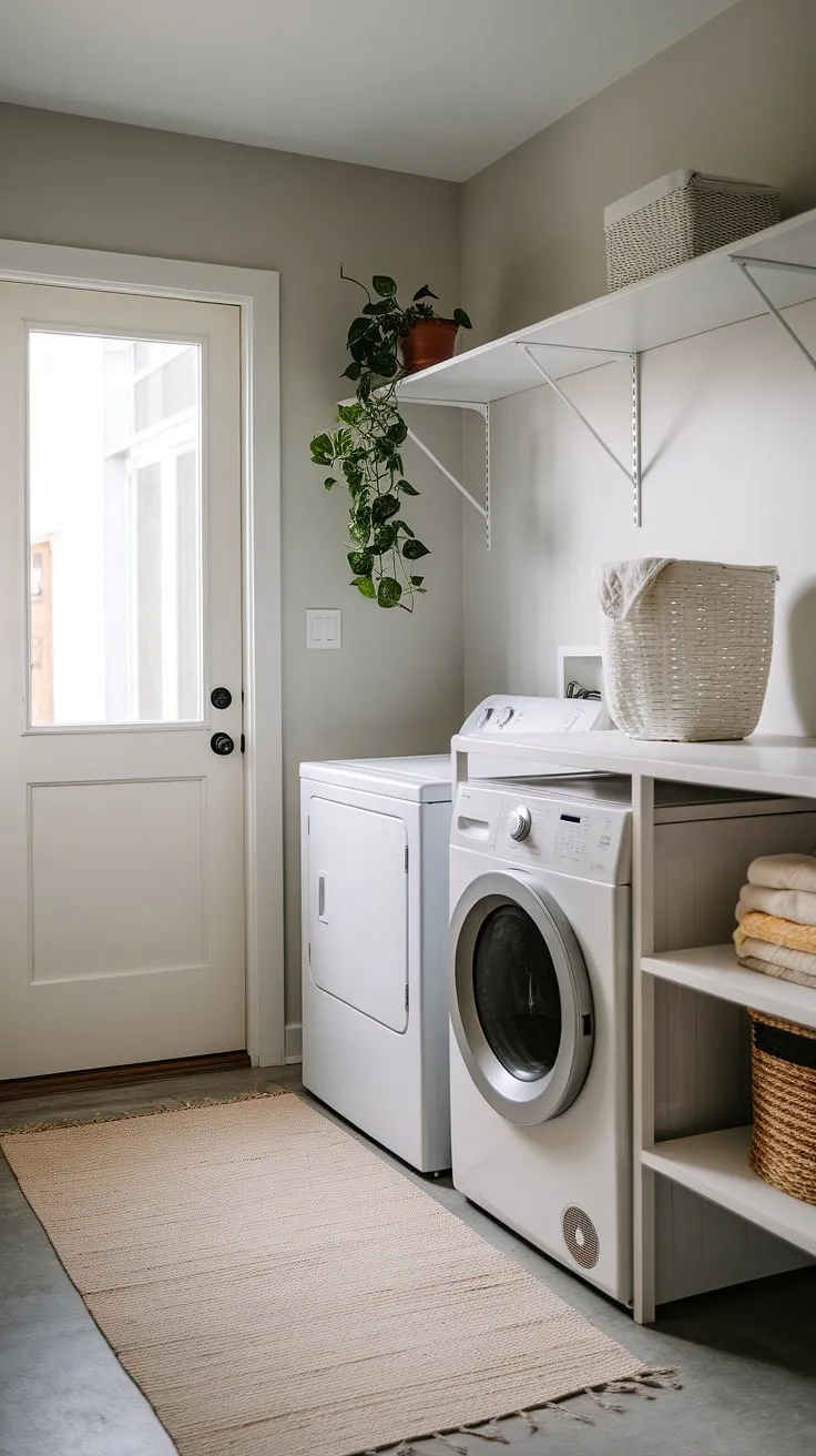 Small space, big impact. This minimalist laundry room proves that even a tiny footprint can be stylish and functional, thanks to clever storage solutions and a touch of greenery. A perfectly curated space, A testament to efficient design, A haven of calm amidst the chaos.