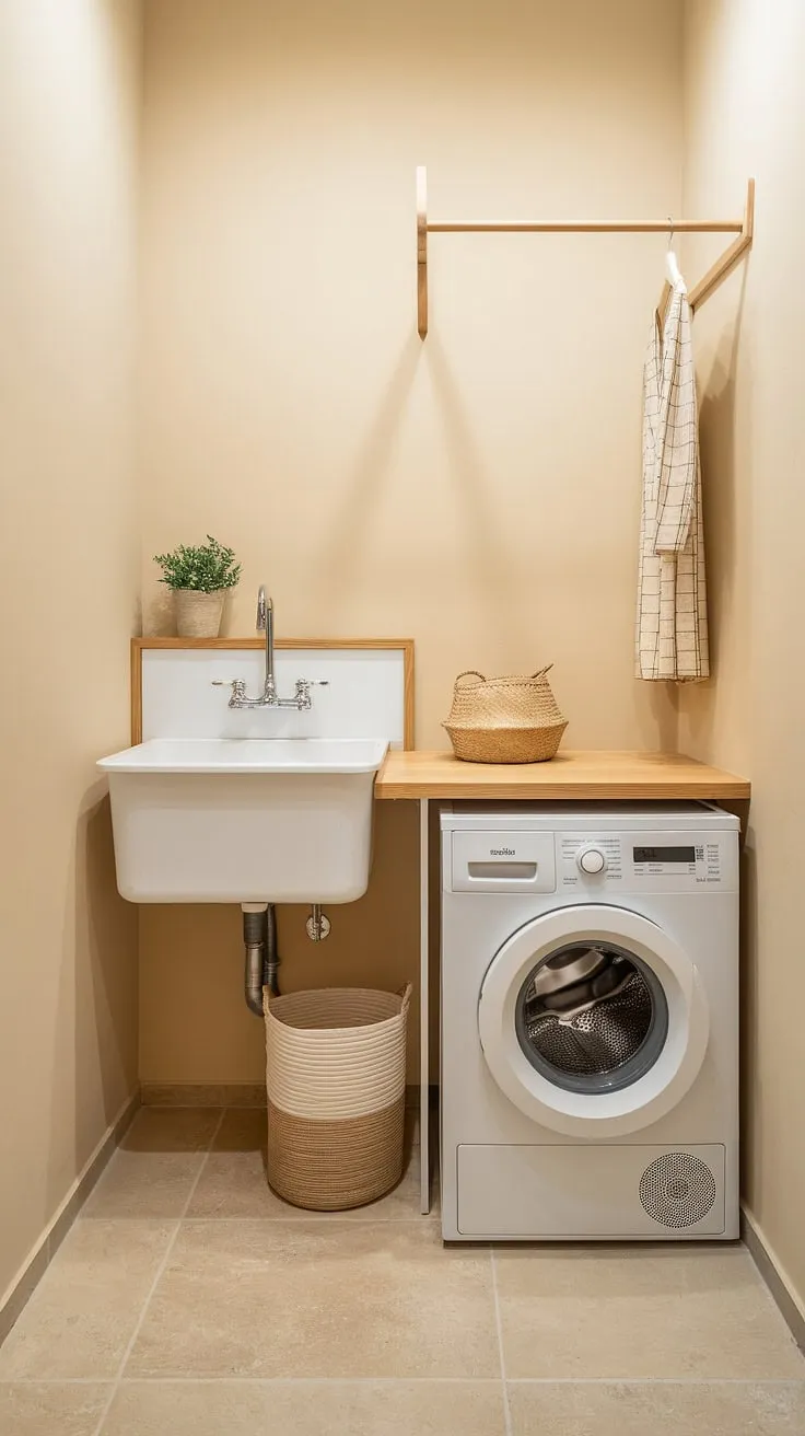 A perfectly planned petite laundry haven. Clean lines, a neutral color scheme, and thoughtful storage solutions make this tiny laundry room a dream. The simple elegance speaks volumes about efficient design and maximizing space.