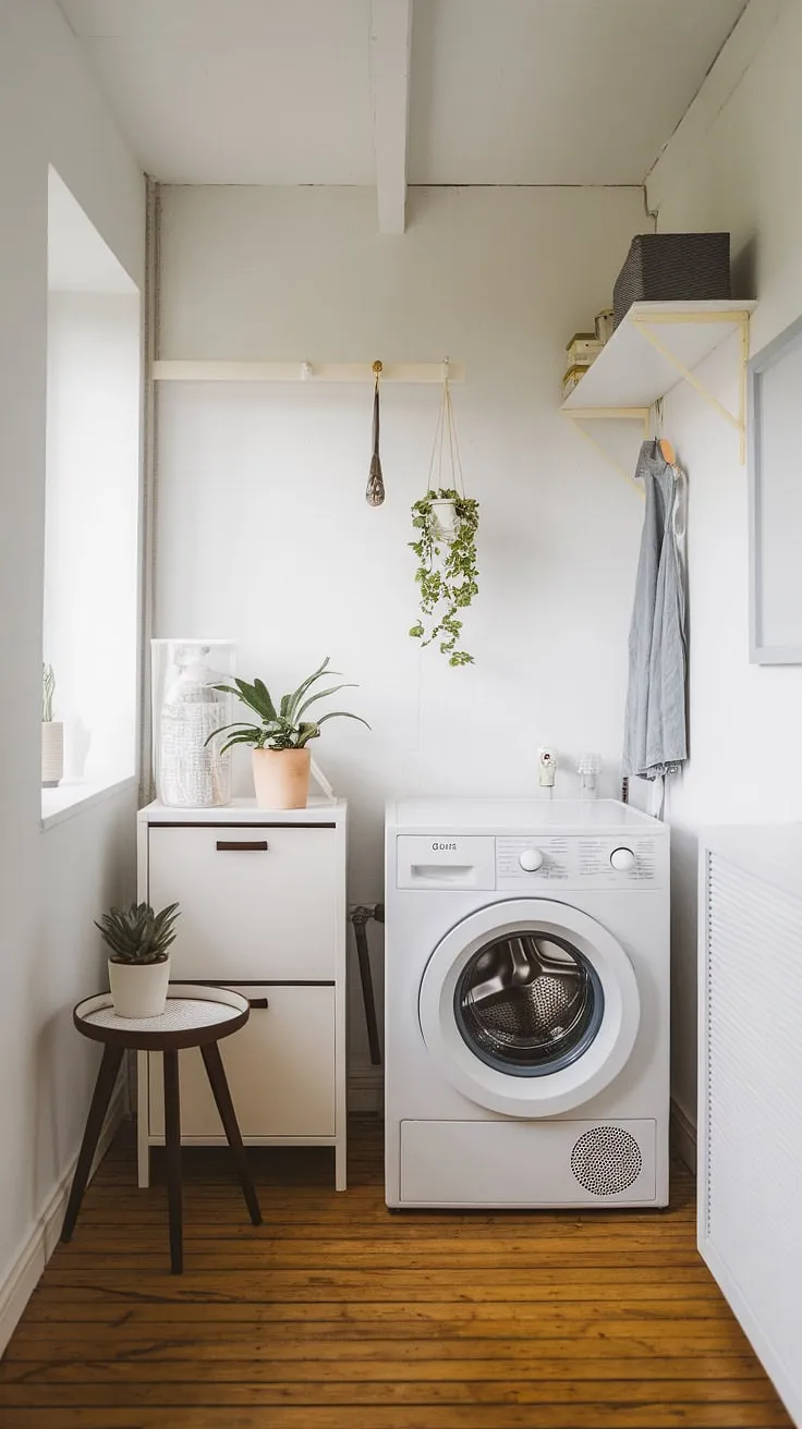 A haven of efficiency and understated elegance. This compact laundry room showcases how clever design can maximize space and minimize clutter. The simple white palette is brightened by the warmth of the wood floor and the touch of greenery. A testament to the power of mindful organization.