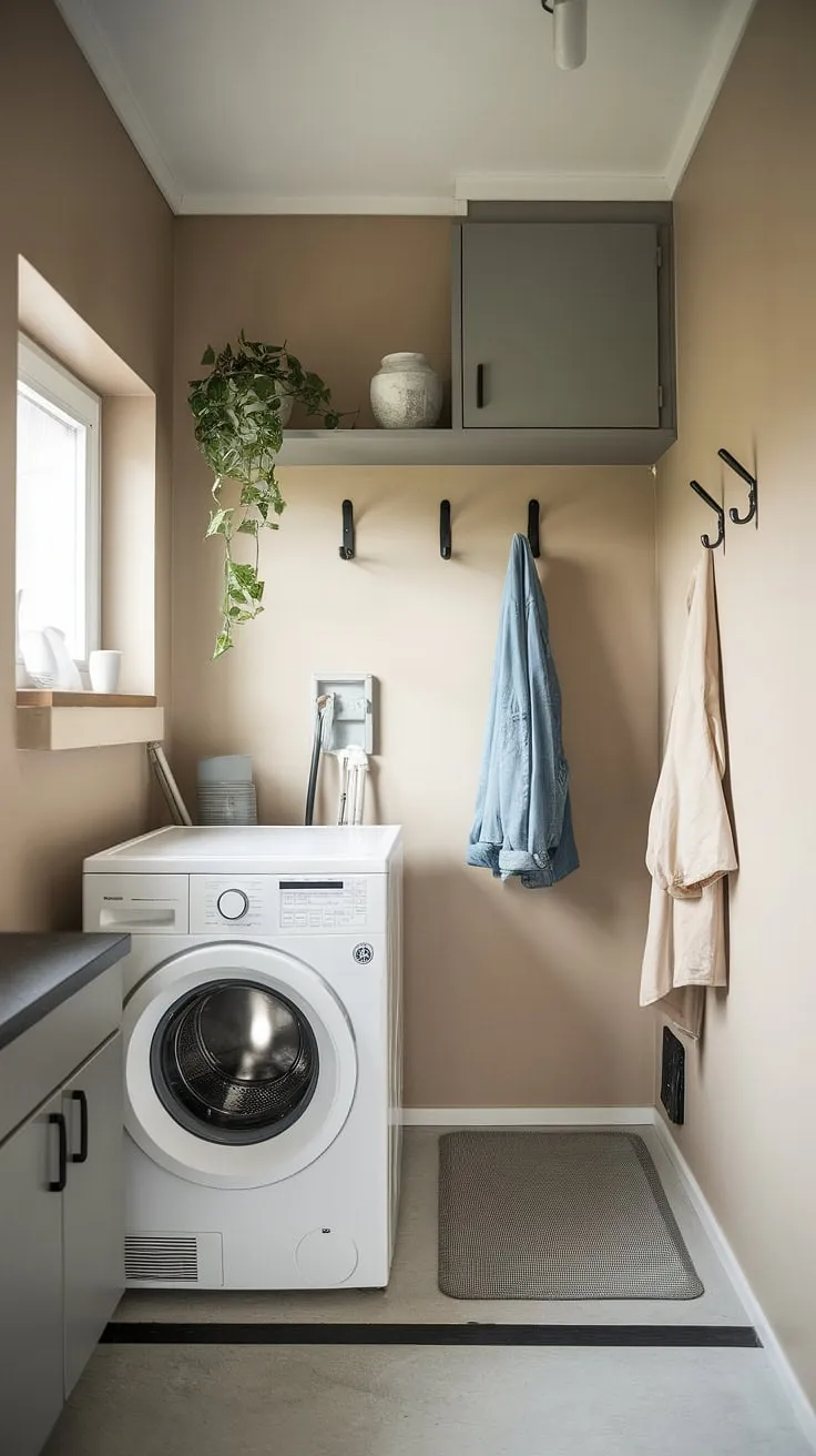 A haven of calm amidst the chaos. This compact laundry room showcases how thoughtful design can transform a utilitarian space. The neutral tones and simple lines create a serene atmosphere, while the clever storage solutions ensure everything is neatly tucked away. A true testament to efficient and stylish living.
