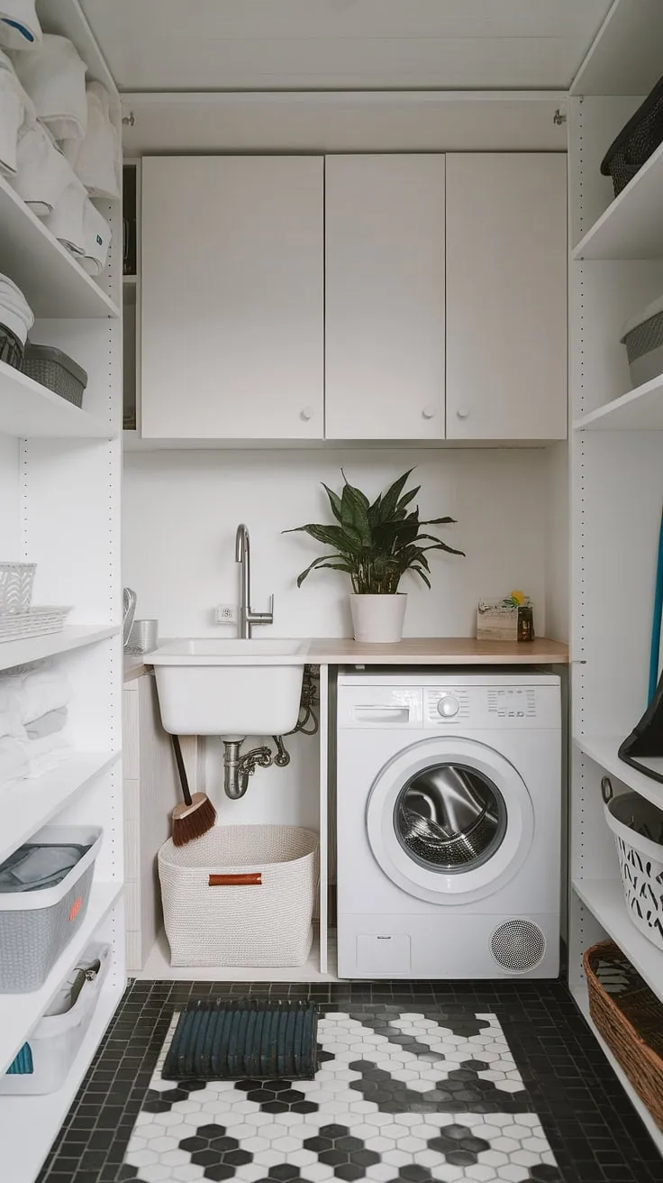 Efficiency meets elegance in this cleverly designed laundry room. A streamlined layout maximizes every inch, showcasing how a small footprint doesn't compromise on style or functionality. The simple white cabinets and contrasting floor create a bright and airy atmosphere, while the addition of a plant brings a touch of nature into this practical space.