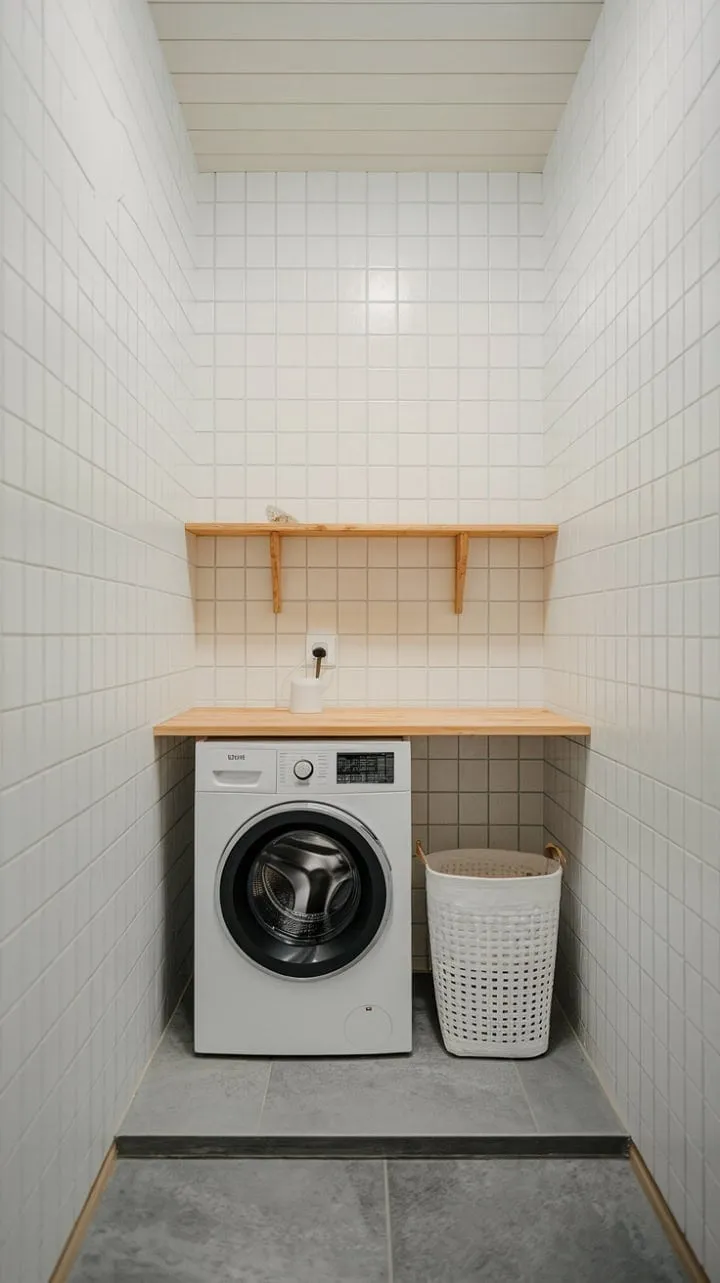 This compact laundry room elegantly blends functionality and style with its sleek design, modern grey tiles, and chic wooden accents.