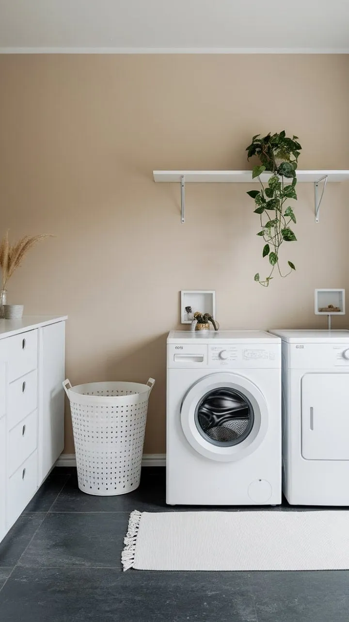 This minimalist laundry room blends understated elegance with practicality, featuring a soothing neutral palette, sleek white appliances, and a touch of nature from a small plant.
