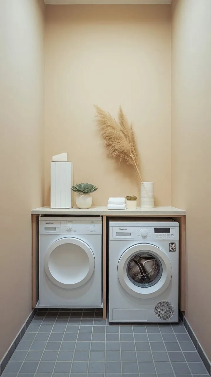 This minimalist laundry room transforms utility into artistry with its serene beige and grey palette, crisp white appliances, and a refreshing touch of greenery.