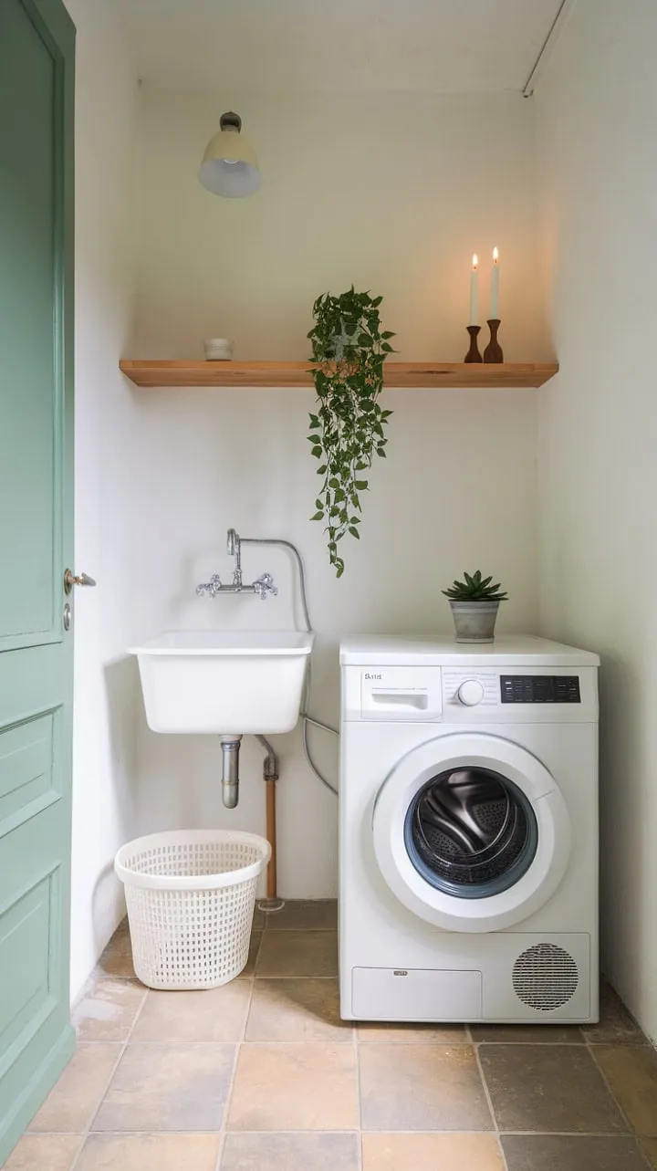 This laundry room masterfully blends functionality and style, featuring a serene color palette, charming details, and a touch of personal flair.