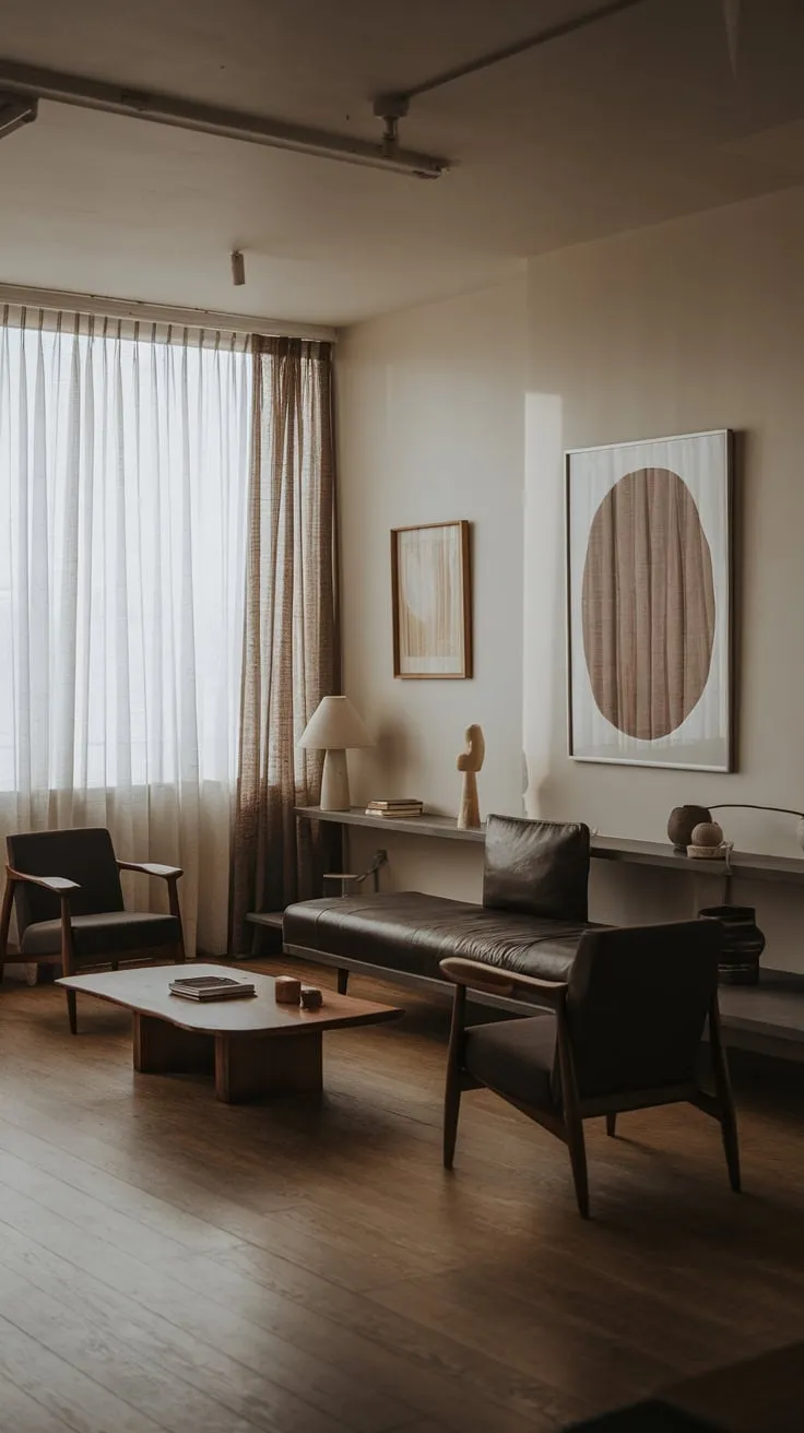 Dark organic modern design defines this minimalist one-bedroom apartment's living room, showcasing a tranquil atmosphere with natural wood accents and curated art.