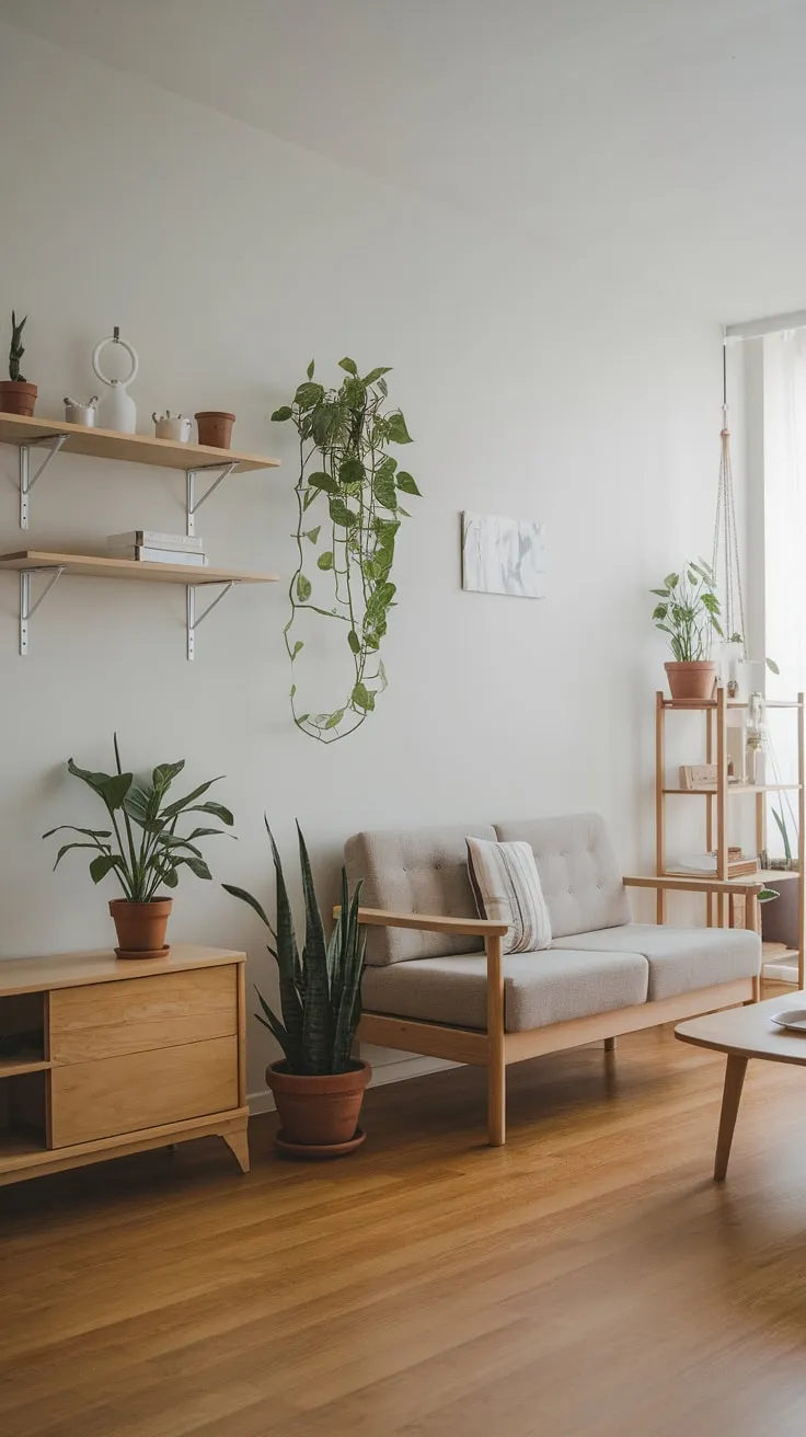 Organic neutrals and sparse furnishings define this calming minimalist one-bedroom apartment living room