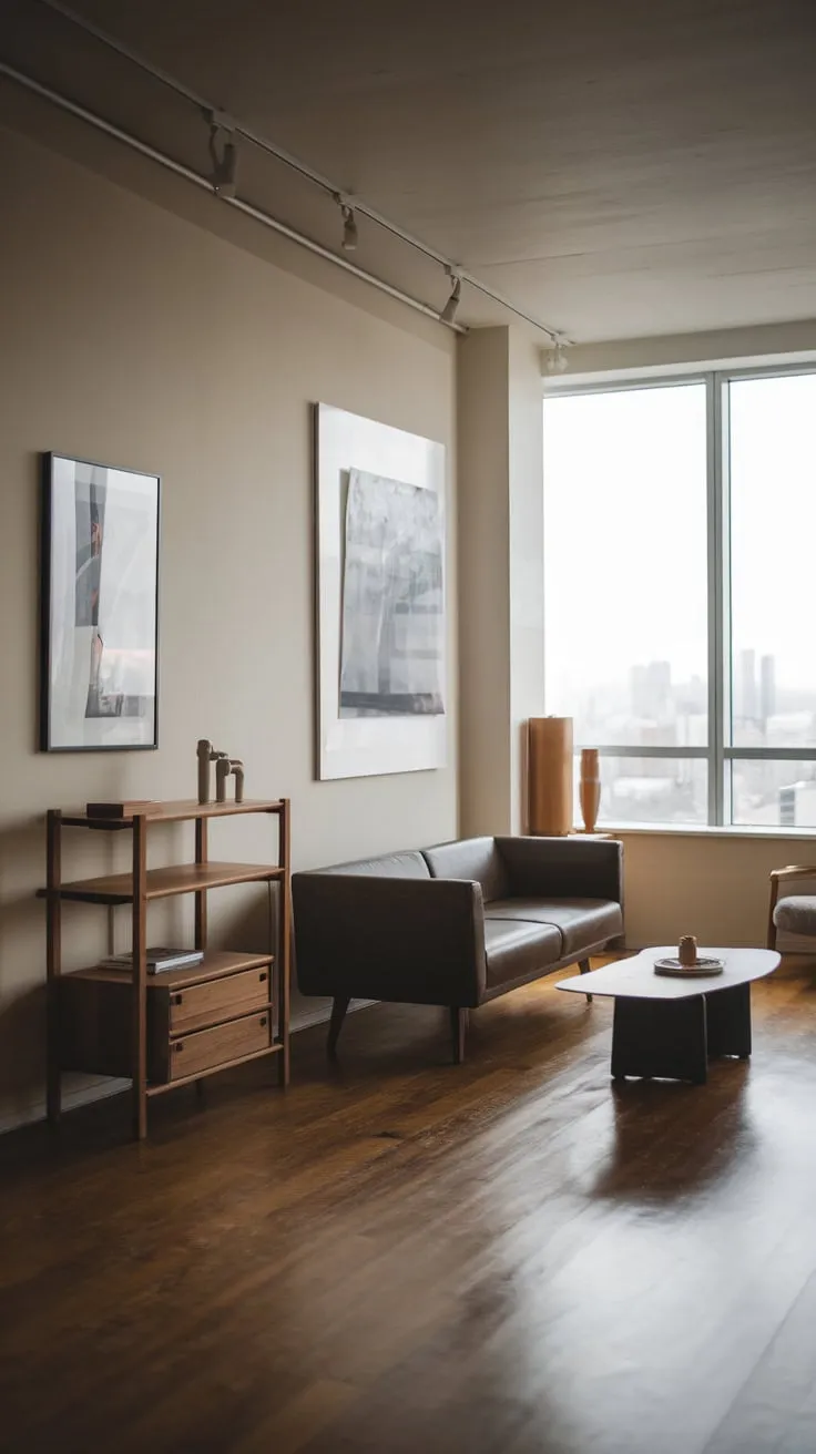 A stylish minimalist apartment living room boasts a neutral palette, dark organic modern decor, and a stunning city skyline view.