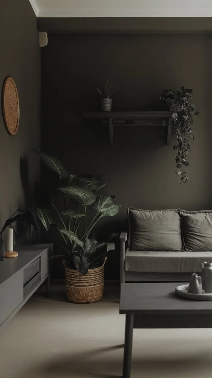 A calming, dark-hued apartment living room showcases minimalist design with a few key pieces and natural accents.