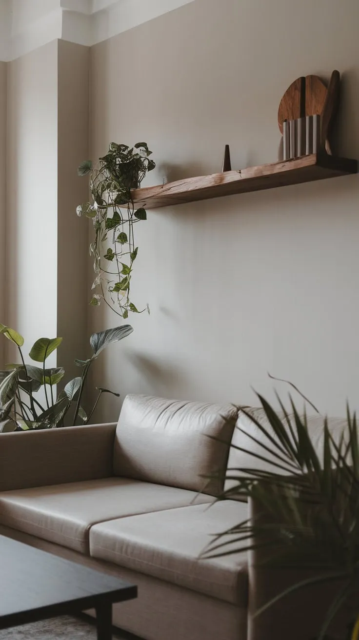 A light grey one-bedroom apartment boasts a minimalist living room with dark organic modern decor, a floating wood shelf, and pops of greenery.