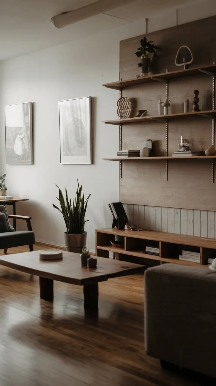 Neutral tones and natural wood accents create a serene and sophisticated space in this small apartment living room.