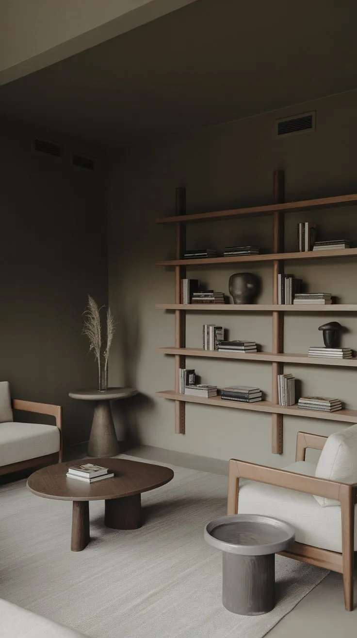 A small, stylish living room in a one-bedroom apartment showcases minimalist design with a neutral palette and dark organic modern decor.