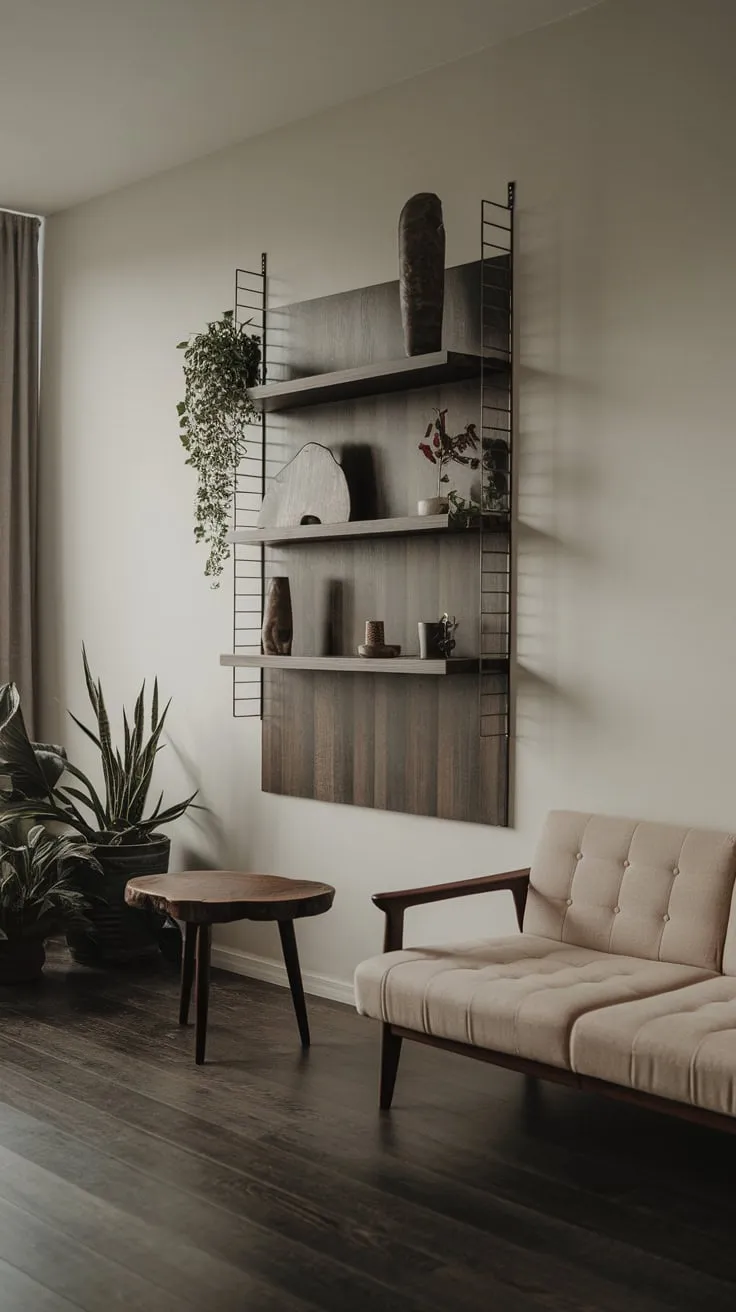 Dark wood floors and organic decor create a serene minimalist haven in this one-bedroom apartment's living room