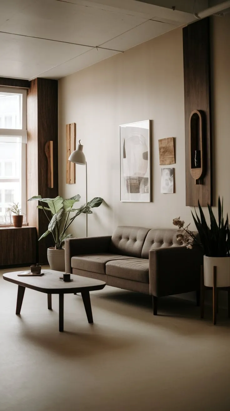 A light and airy one-bedroom apartment boasts a minimalist living room featuring dark wood accents and carefully curated artwork.