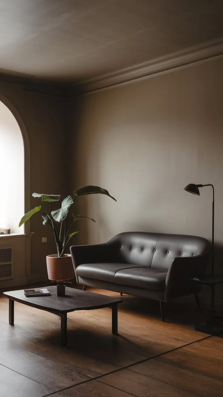 Soft beige walls and a dark organic modern sofa define this minimalist apartment's living room, accented by simple furnishings and a potted plant.