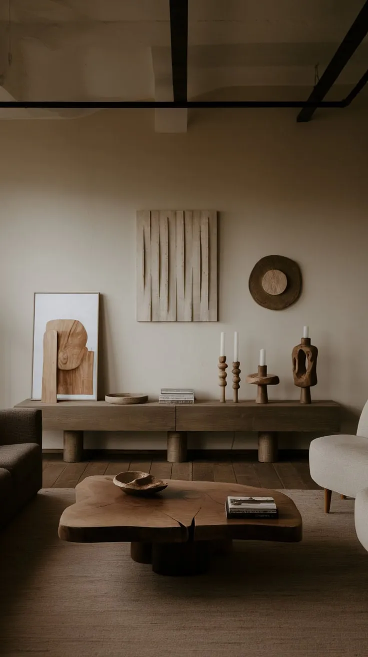 Dark organic modern decor creates a serene atmosphere in this small apartment's minimalist living room.