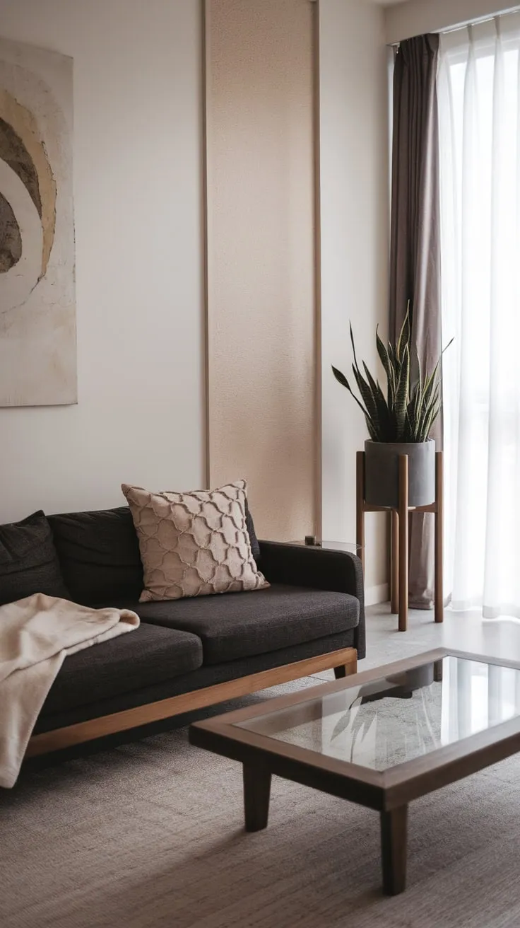 Neutral tones and organic textures define this stylish minimalist apartment living room, showcasing a calm and functional space.