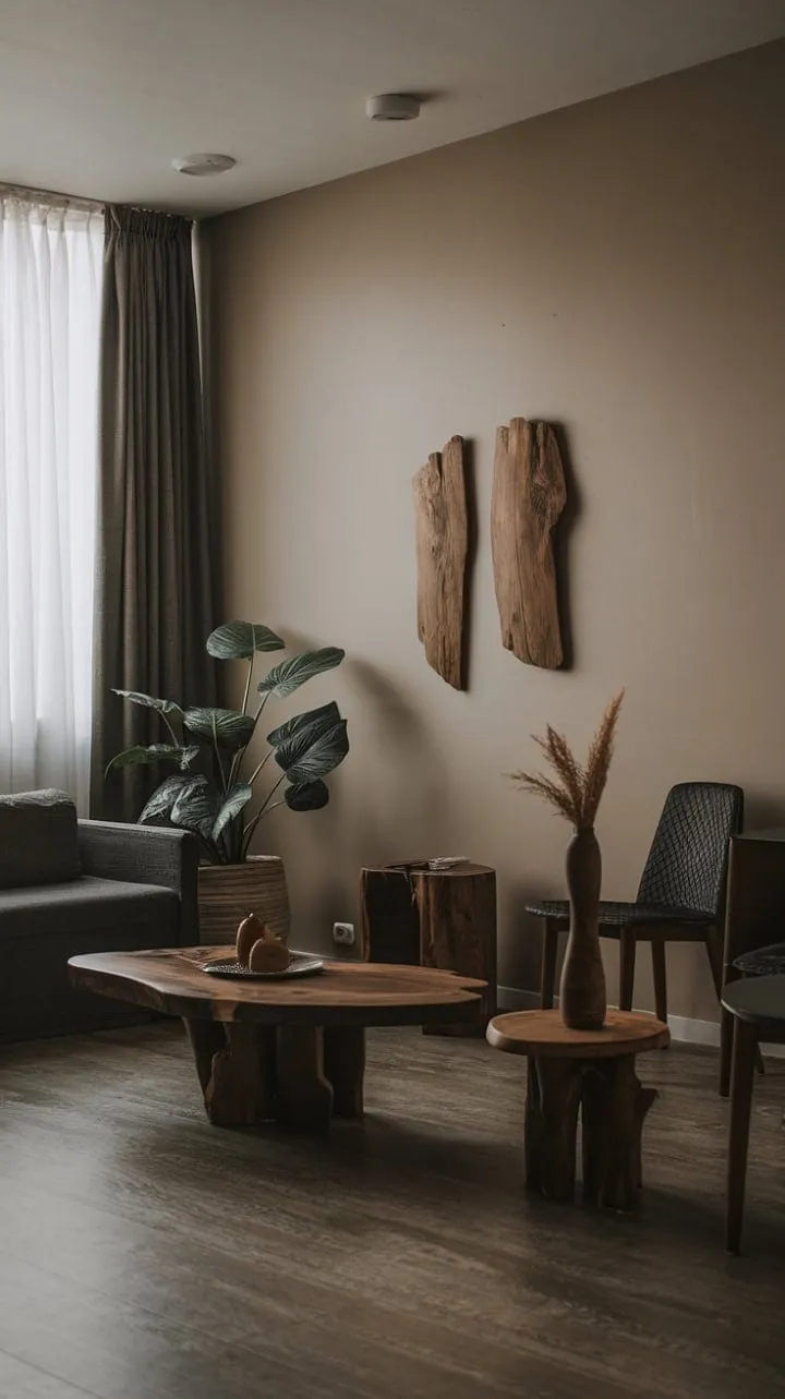 This one-bedroom apartment elegantly showcases the beauty of minimalist design, where a rich organic palette and warm wood elements create a cozy yet sophisticated sanctuary.