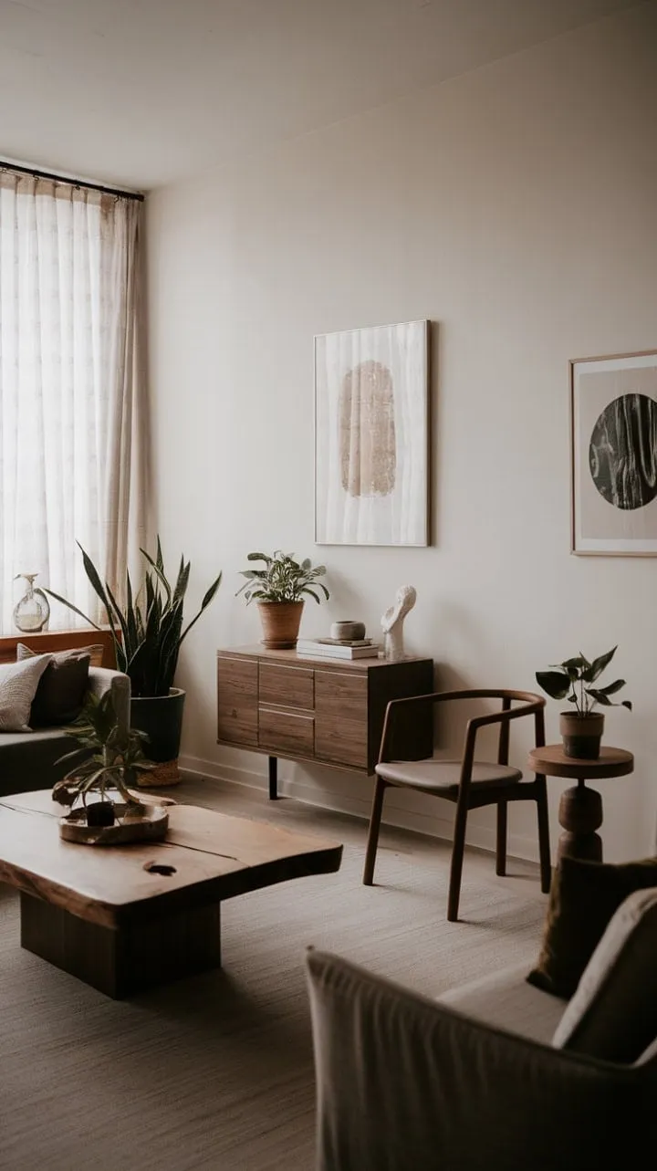 This one-bedroom apartment showcases the elegance of minimalist design, where serene organic modern decor and warm wood accents create a harmonious blend of comfort and sophistication.