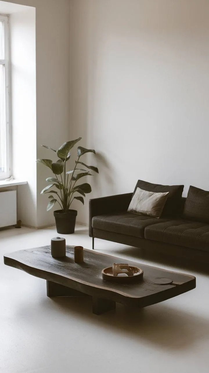 In this minimalist one-bedroom apartment, dark wood and deep gray hues harmonize with a single potted plant to embody the essence of intentional living, proving that simplicity can be profoundly impactful.