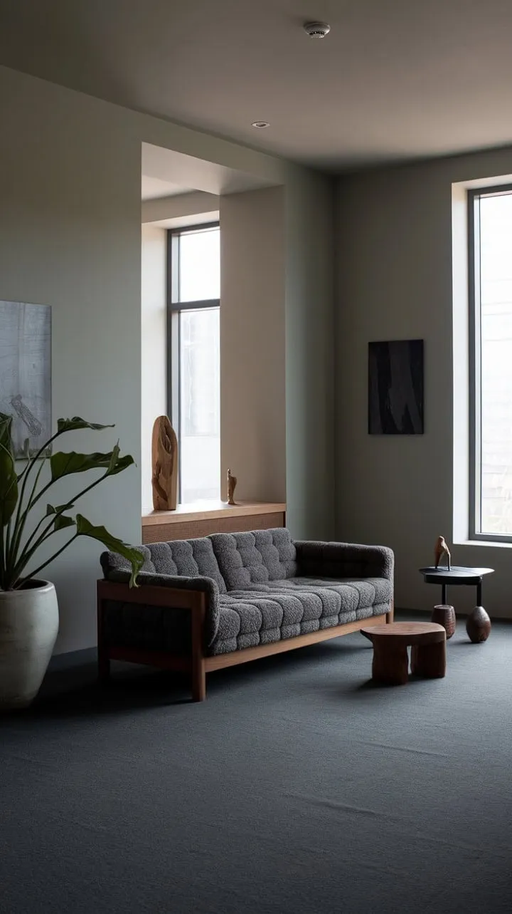 This one-bedroom apartment embodies the essence of "less is more" with its chic dark organic modern design, rich wood tones, and serene gray palette, enhanced by thoughtful decor and greenery.