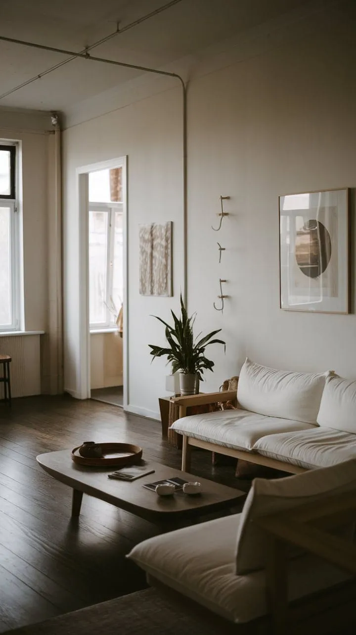 This one-bedroom apartment embodies understated elegance with its dark wood floors, neutral palette, and minimalist decor, showcasing the beauty of thoughtful design.