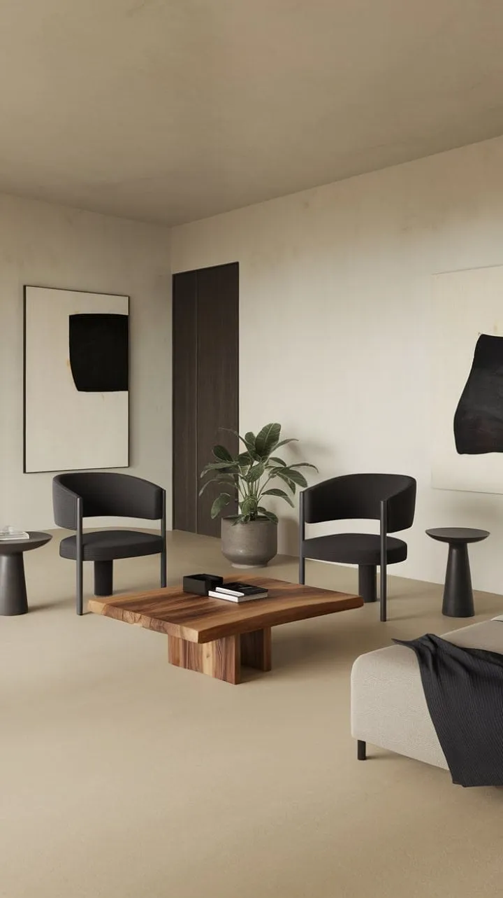 This stylish one-bedroom apartment blends neutral tones and organic textures with dark gray accents and a wooden coffee table, creating a serene haven for relaxation and contemplation.