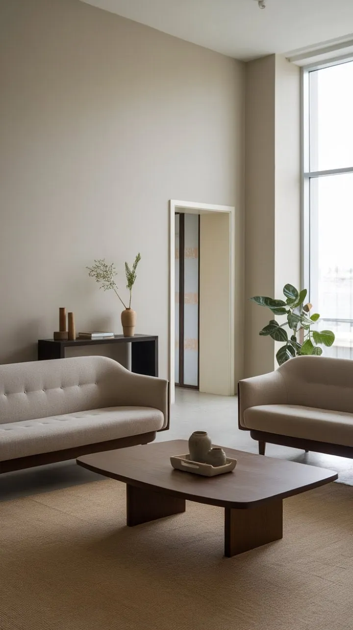Bathed in natural light, this minimalist one-bedroom apartment exudes serene sophistication with its light grey walls, rich brown wood accents, and thoughtfully curated decor.