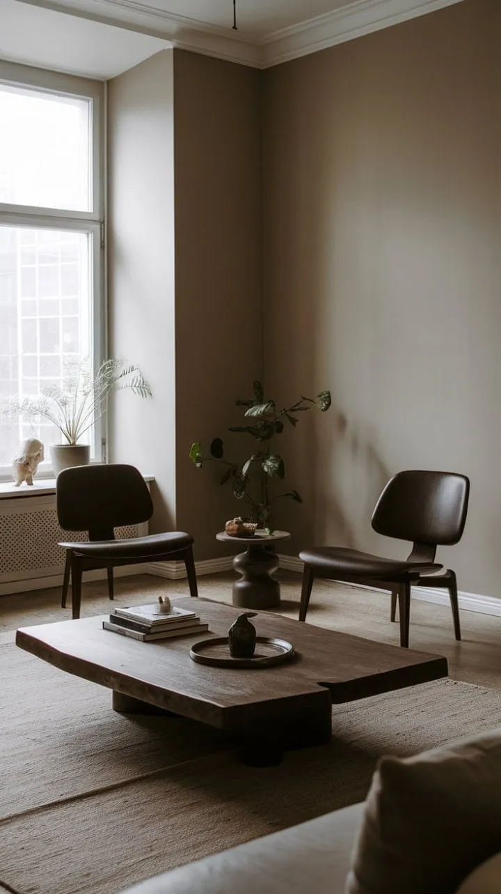 This serene gray sanctuary, anchored by a striking low wood coffee table, beautifully embodies organic modern design, inviting relaxation and contemplation amidst thoughtfully curated seating and greenery.